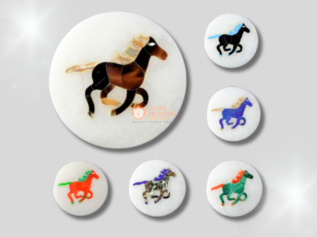 Round Marble Coaster Set Horse Inlay Floral Home Decor Gifts